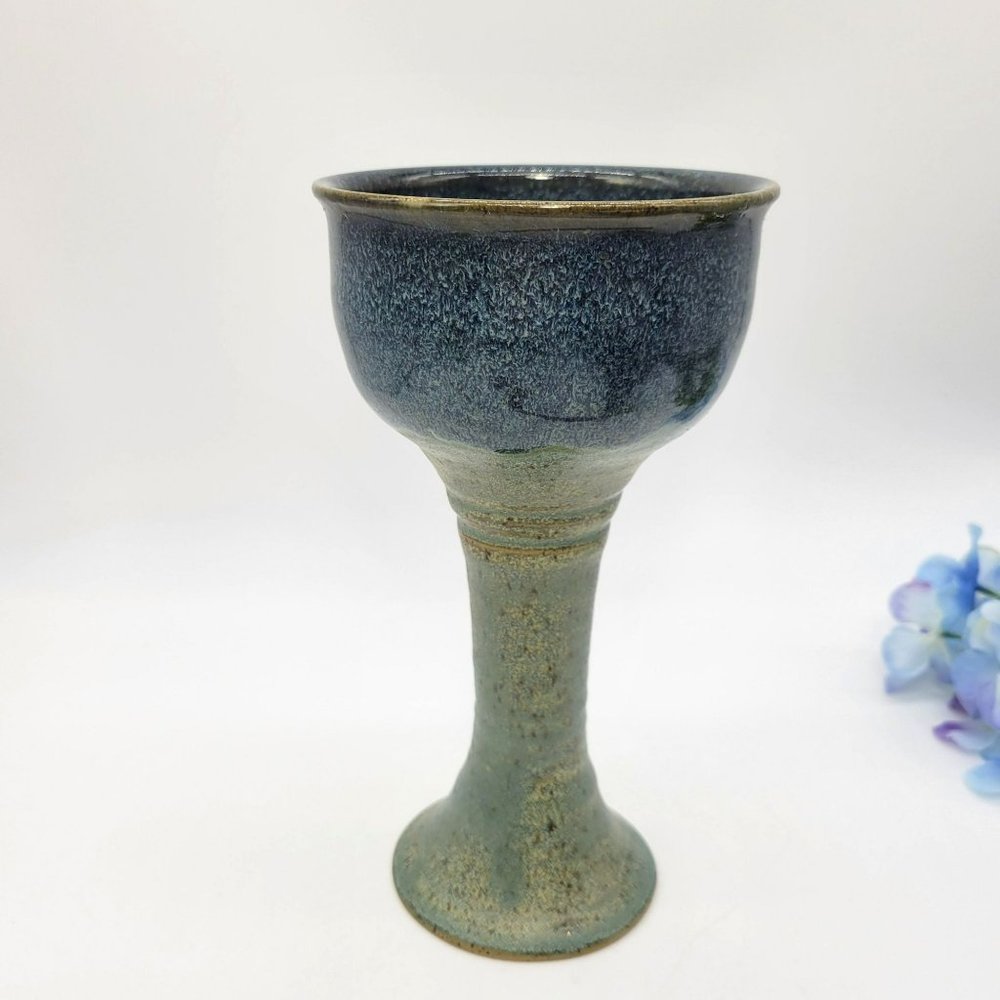 North Carolina Pottery Chalice or Candle Holder Sandra Baker Moore Blue Beige